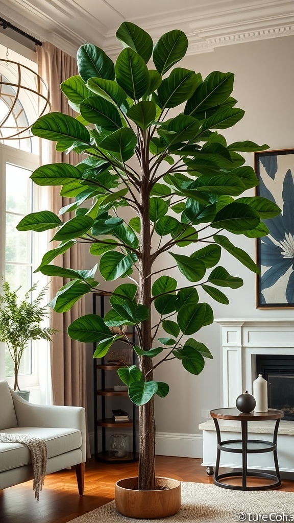 A large Fiddle Leaf Fig plant in a stylish indoor living space