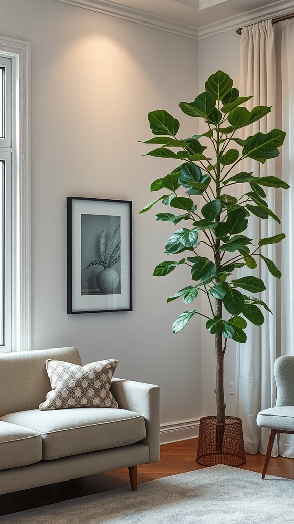 A Fiddle Leaf Fig plant beside a gray sofa in a stylish room.