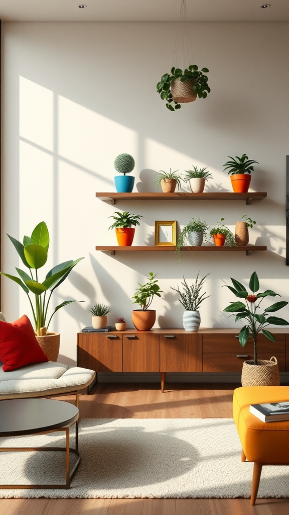 A bright living room featuring floating shelves with decorative planters, showcasing a variety of indoor plants.
