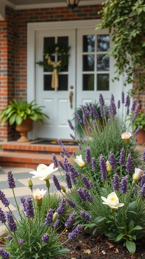 A charming front door area with lavender and white tulips in the garden.