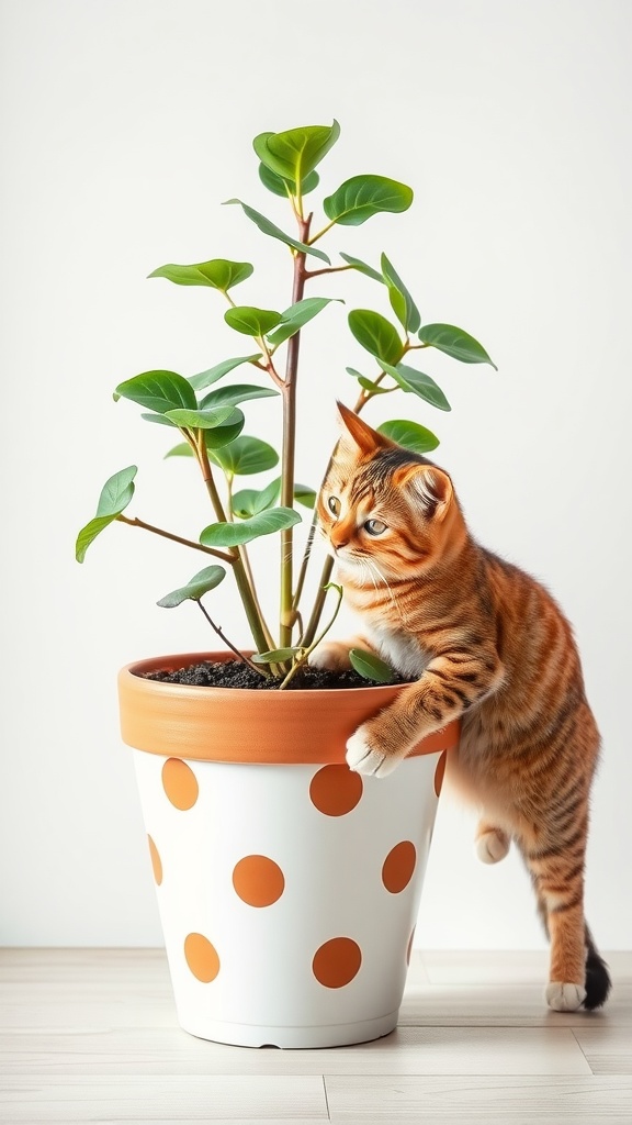A playful orange tabby cat is interacting with a Friendship Plant in a polka-dotted pot.