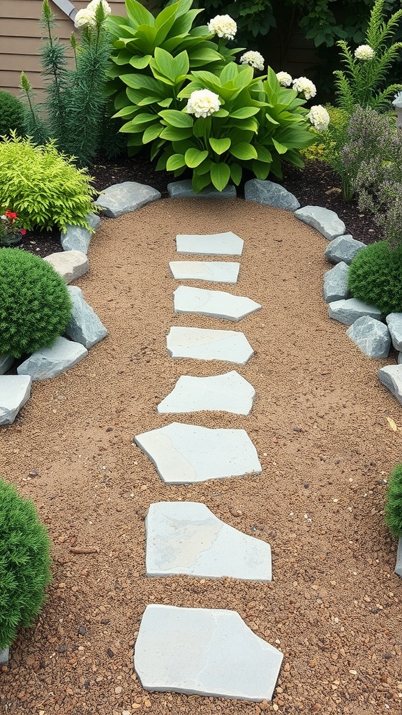 A garden path made of uneven stepping stones surrounded by plants and flowers.