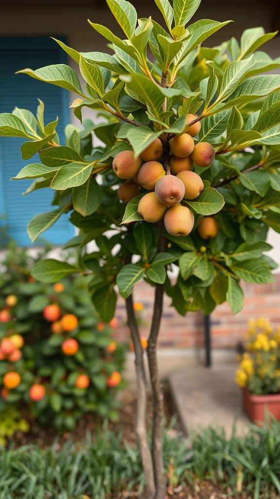 A small fruit tree with round fruits in a front yard setting.
