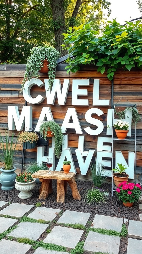 A small garden patio featuring large letters on a wooden wall, potted plants, a wooden stool, and a glass of wine.