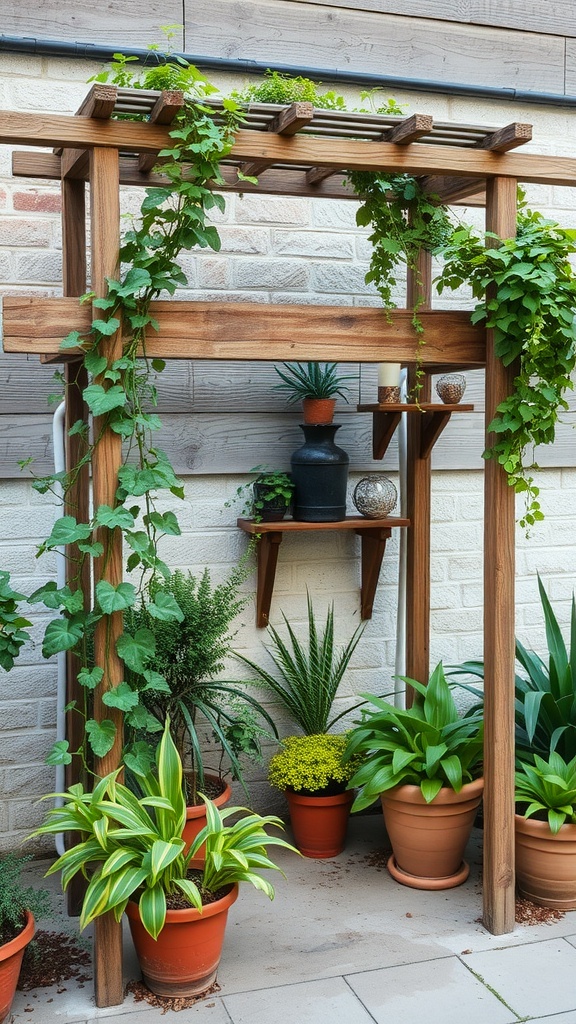 A wooden trellis with climbing plants surrounded by potted plants on a small garden patio.