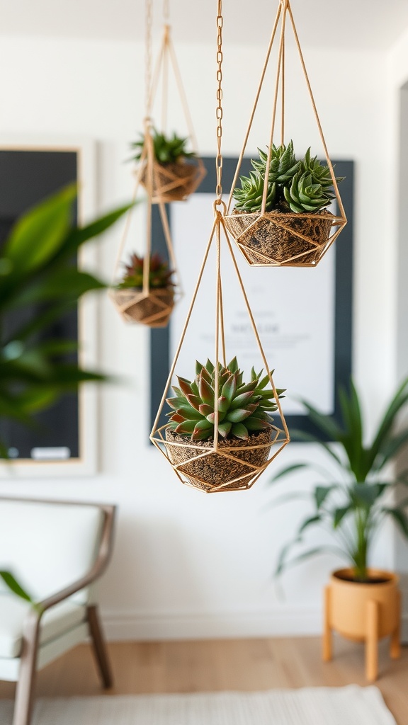 Geometric hanging planters with succulents in a modern indoor setting