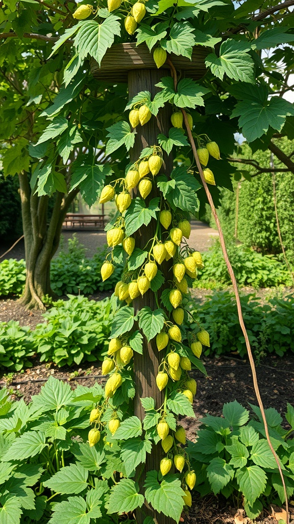 Golden hops climbing a wooden post with green leaves and yellow cones