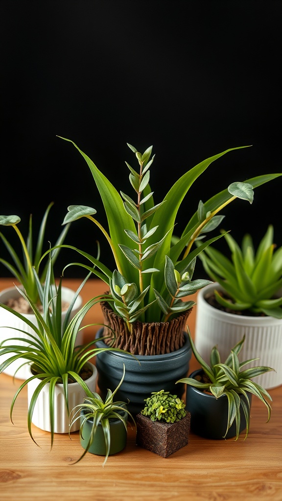 Group of small house plants in various pots on a wooden surface
