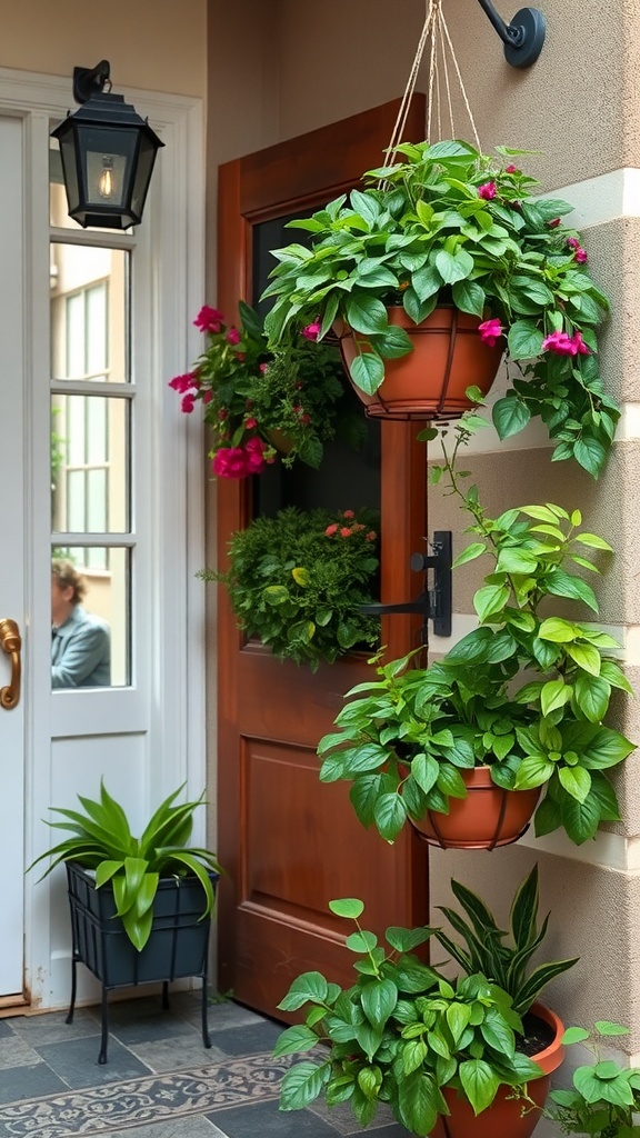 A welcoming entrance with hanging baskets filled with green plants and colorful flowers.