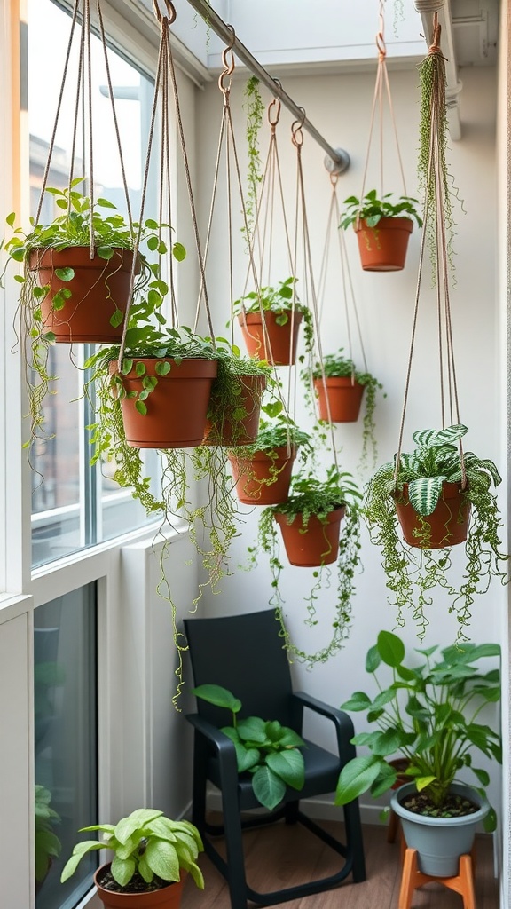 A cozy indoor patio featuring hanging planters with various trailing plants, terracotta pots, and a black chair.