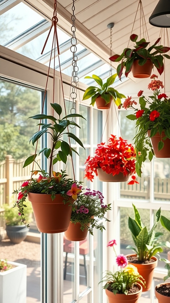 Hanging planters with colorful flowers in a sunroom with ample sunlight