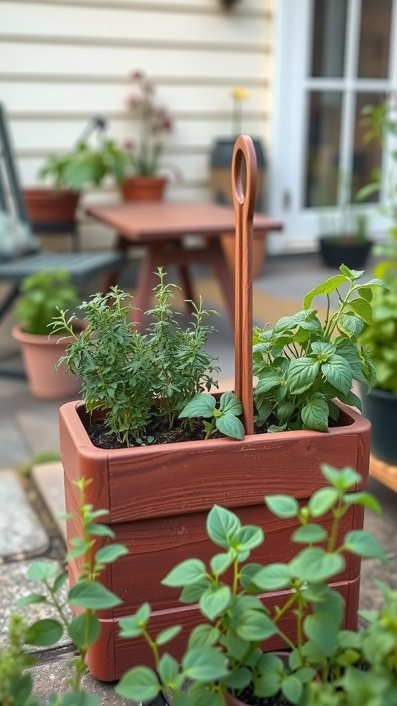 A small wooden herb planter with fresh herbs like thyme and basil, set on a patio.