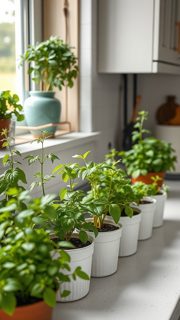 A collection of small house plants including various herbs displayed on a kitchen counter.