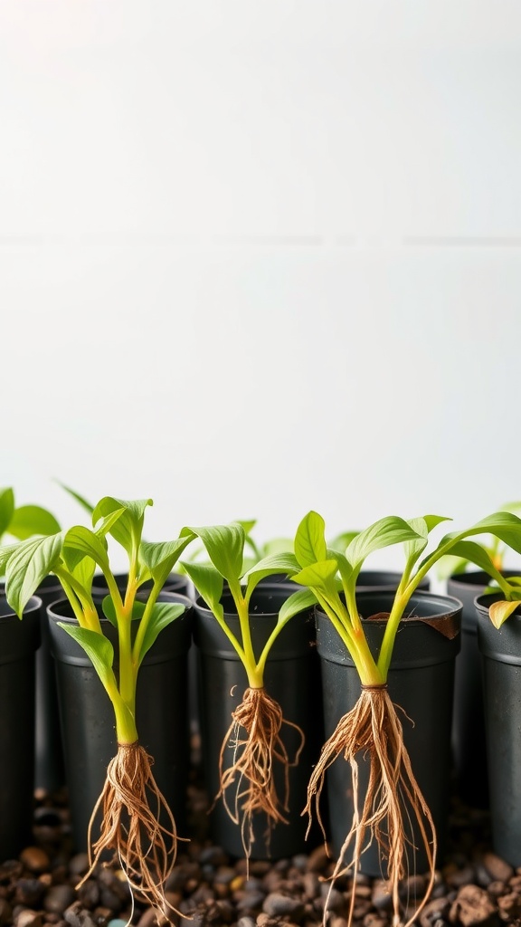 Young climbing plants with roots in pots, ready for propagation.
