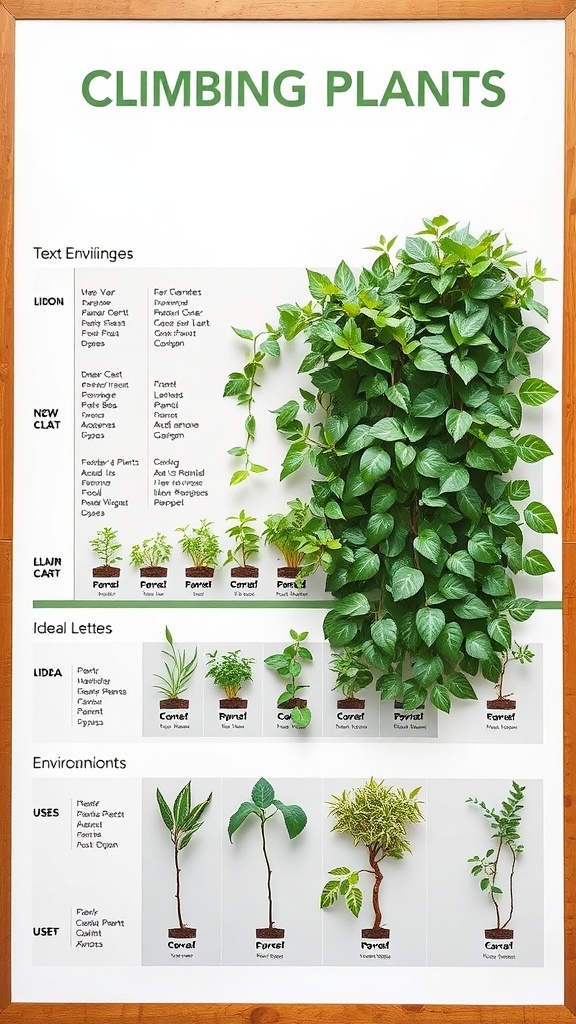 A chart displaying different types of climbing plants with care instructions and ideal environments.