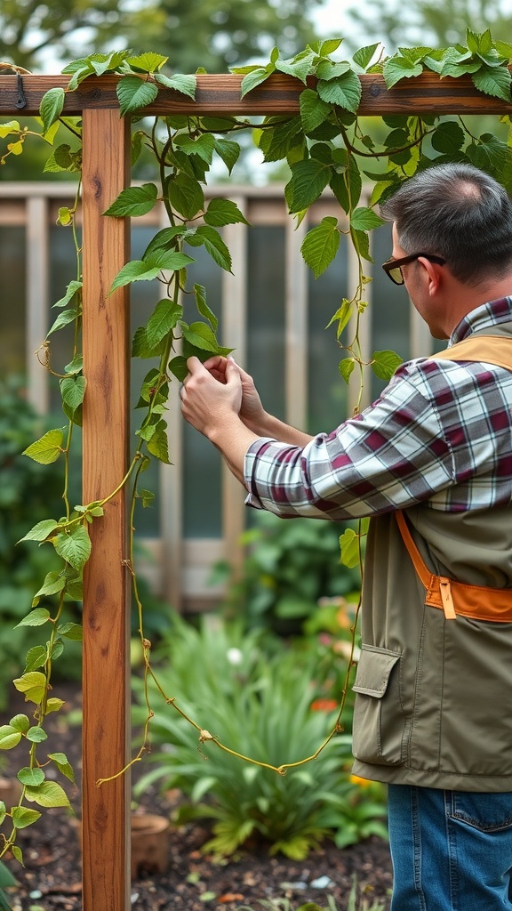 A person is training climbing plants to grow vertically along a wooden structure.
