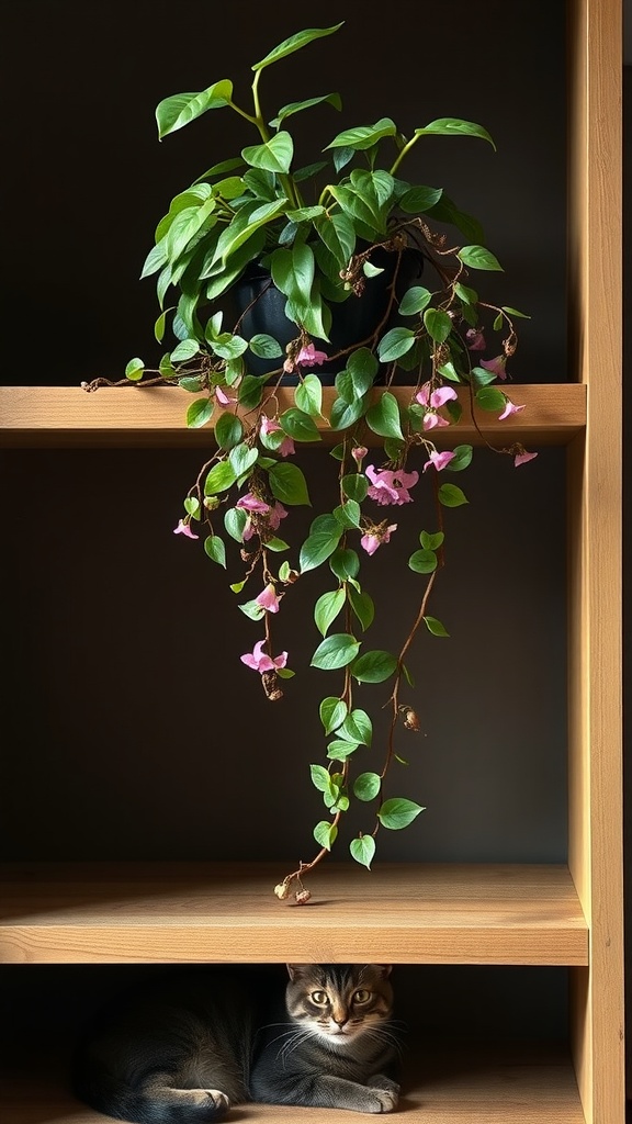 A Hoya plant with pink flowers on a wooden shelf, with a cat resting underneath.