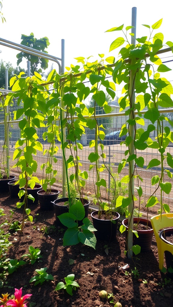 Climbing plants growing vigorously along a support structure in pots, showing lush green leaves in bright sunlight.
