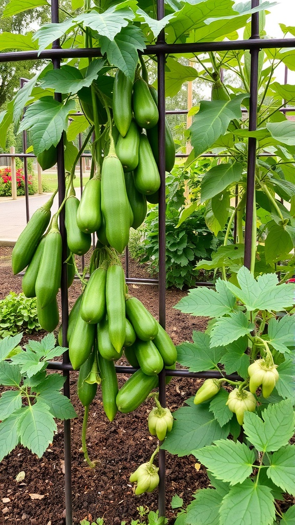 A vibrant display of climbing vegetables growing on a trellis