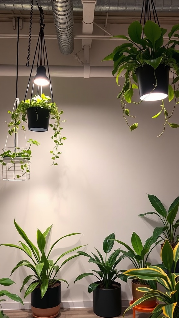 Indoor setup with hanging plants and grow lights illuminating them