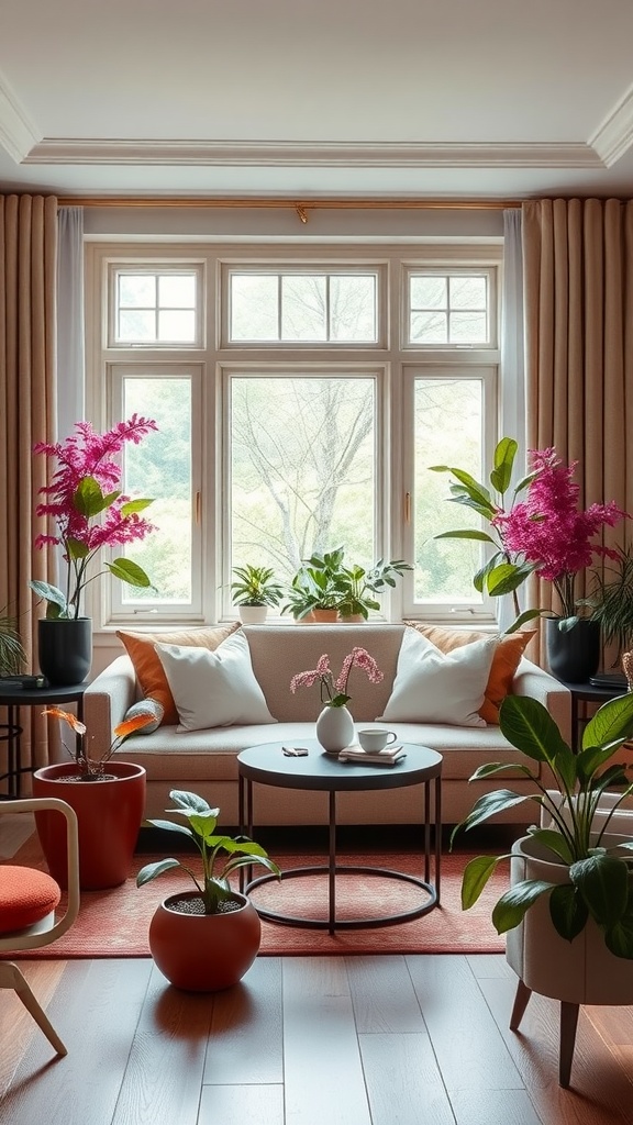 A cozy living room featuring various pink house plants, a beige couch with colorful cushions, and a round coffee table.