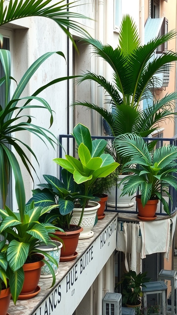 A balcony adorned with various tropical plants in pots, showcasing a lively urban setting.