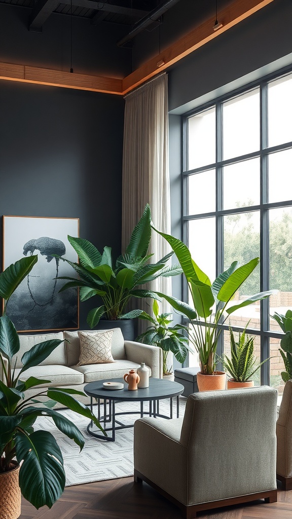 A cozy living room filled with tropical plants, showcasing a stylish sofa and chairs against dark walls.