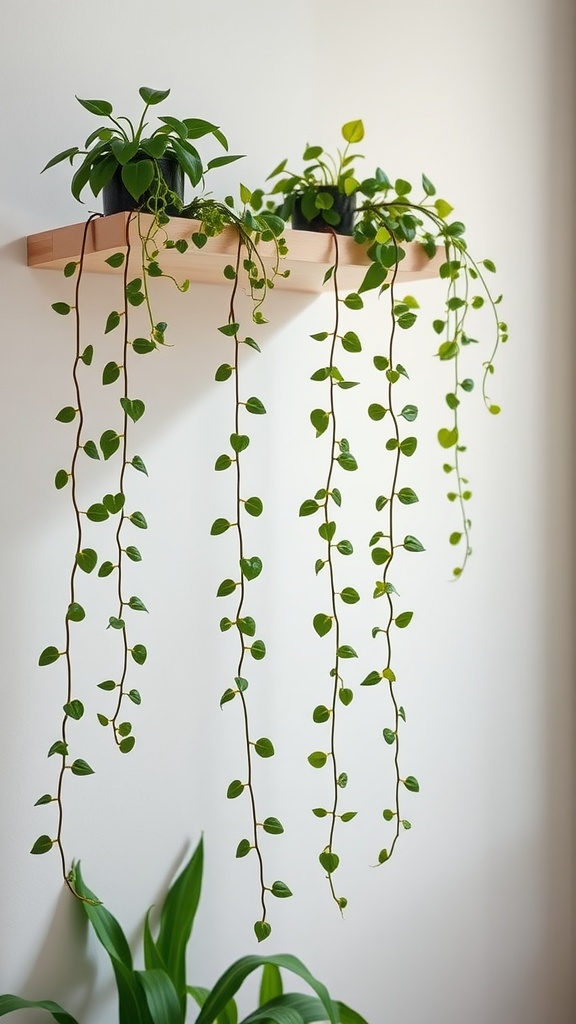 Small house plants with long vines displayed on a wooden shelf against a white wall.