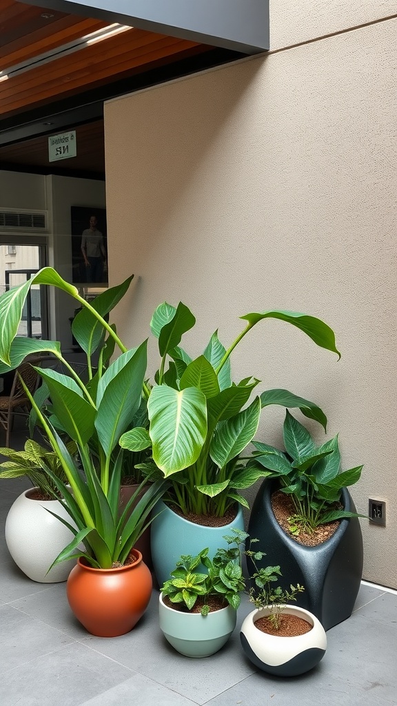 A collection of modern planters in various shapes and colors, filled with tropical plants.