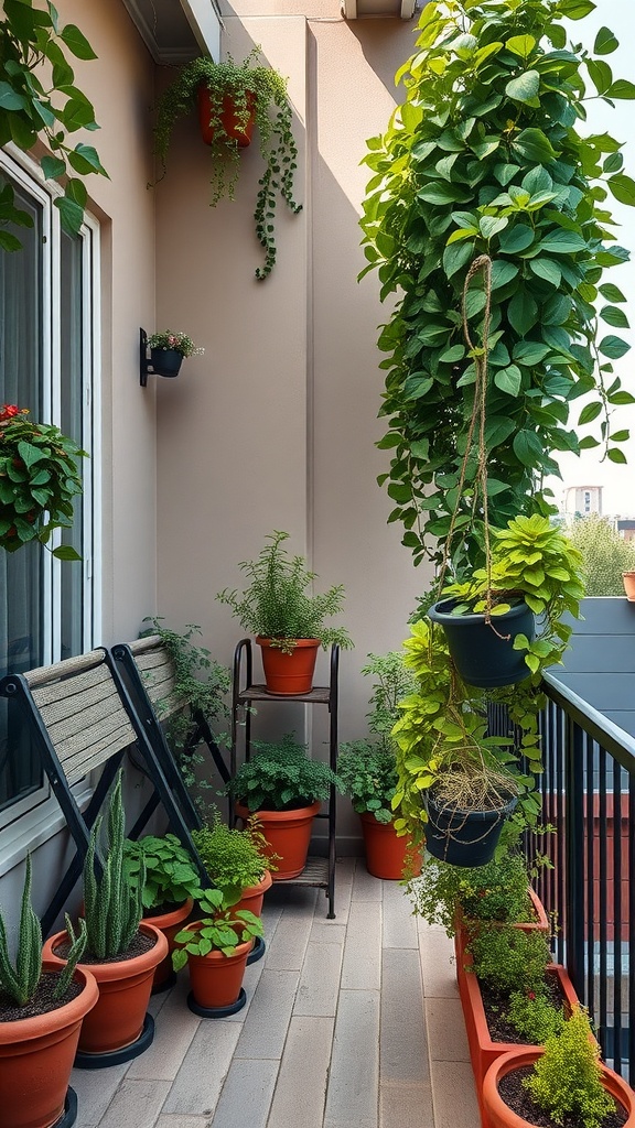 A balcony filled with various climbing plants and potted herbs, showcasing a vibrant green space in an urban setting.