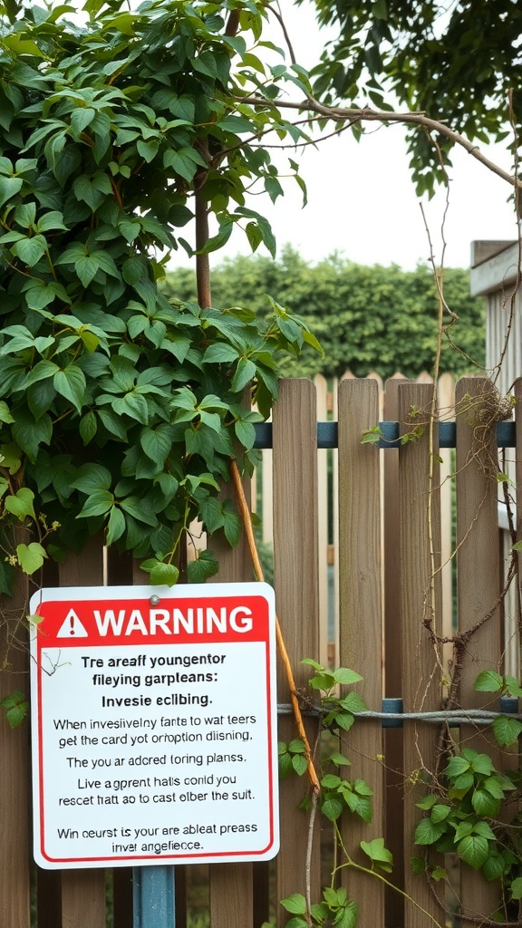 A climbing plant on a fence with a warning sign about its invasive nature.