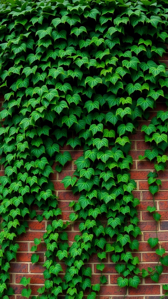 Lush green ivy climbing a brick wall