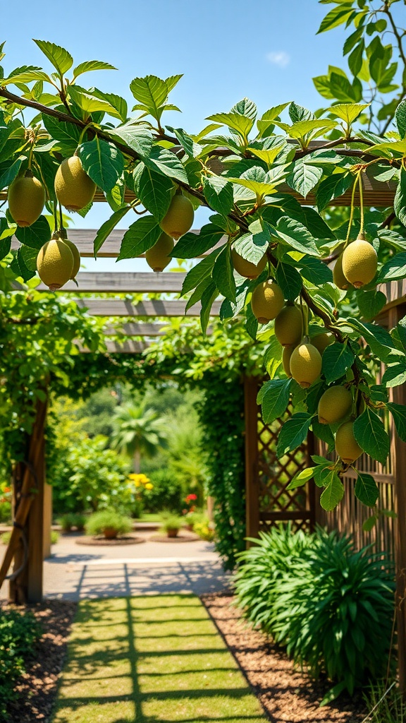 A kiwifruit vine with green leaves and ripe kiwifruits hanging, providing shade in a garden.
