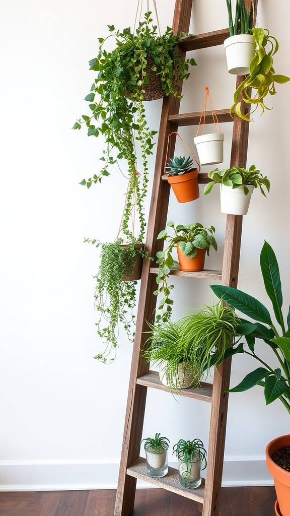 A wooden ladder plant stand with various indoor plants displayed on it, creating a rustic look.