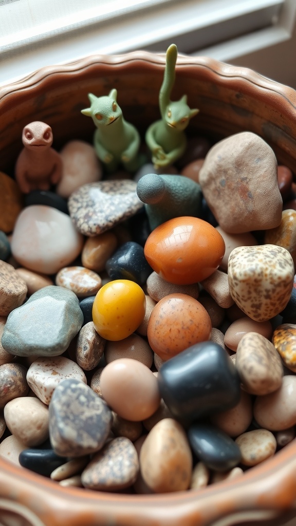 A pot filled with colorful stones and small figurines, showcasing the unique appearance of Lithops, also known as living stones.