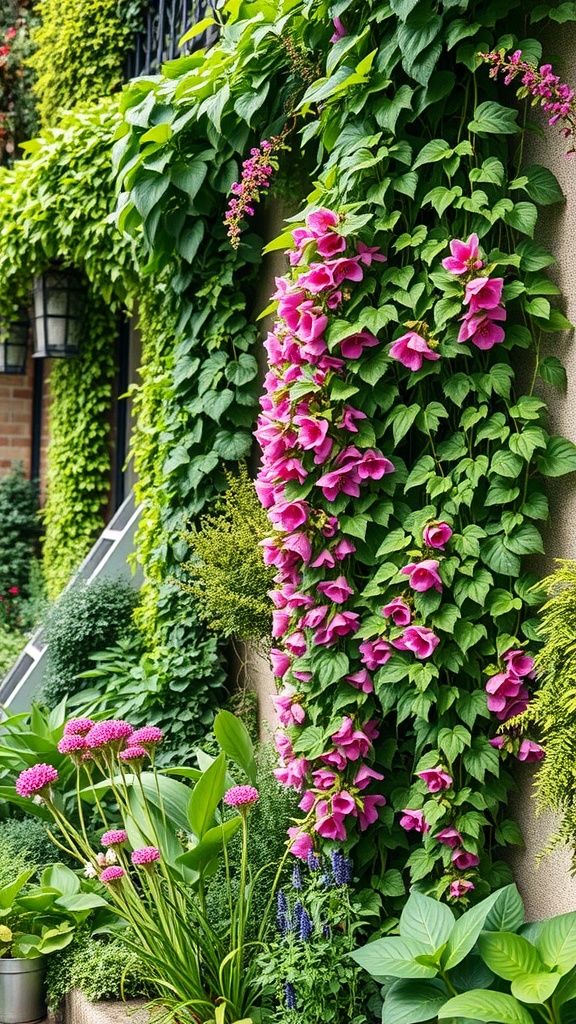 A vibrant display of fast-growing climbing plants with pink flowers cascading down a wall, surrounded by lush greenery.