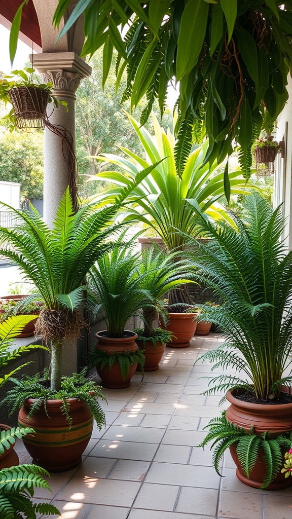 A patio filled with lush ferns in terracotta pots, creating a vibrant outdoor space.
