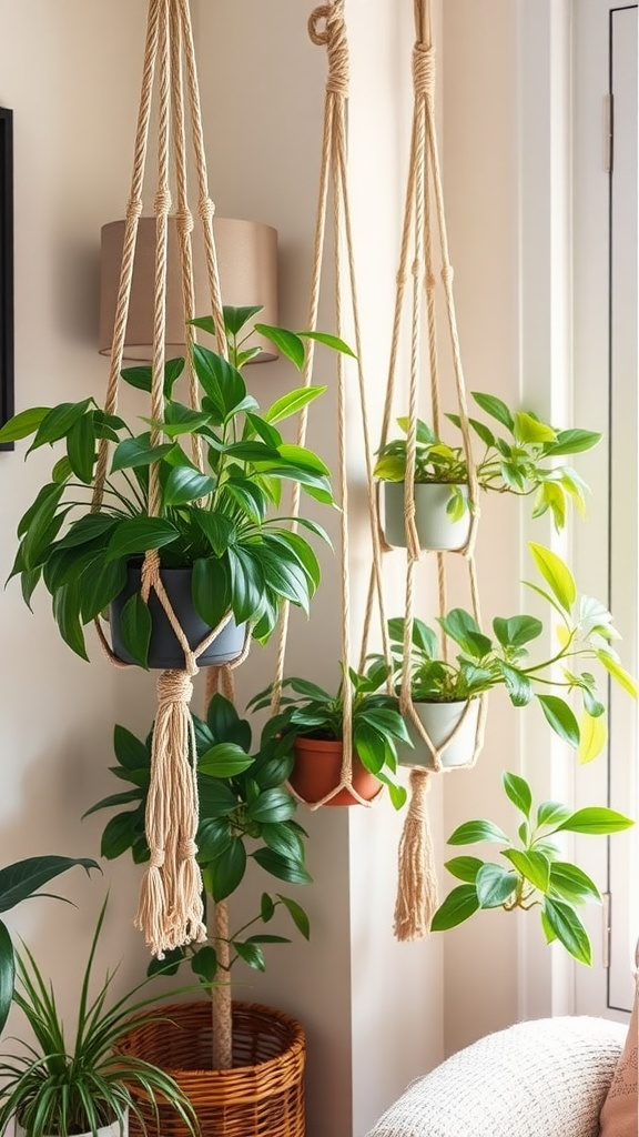 Indoor plants displayed in macrame hangers against a wall