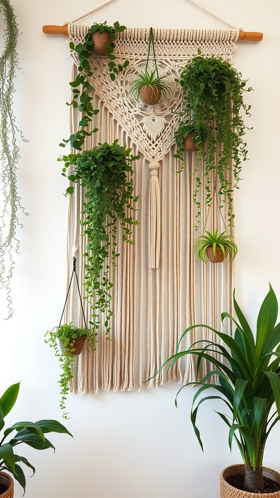 A macrame wall art piece featuring several hanging plants, creating a stylish indoor decor element.