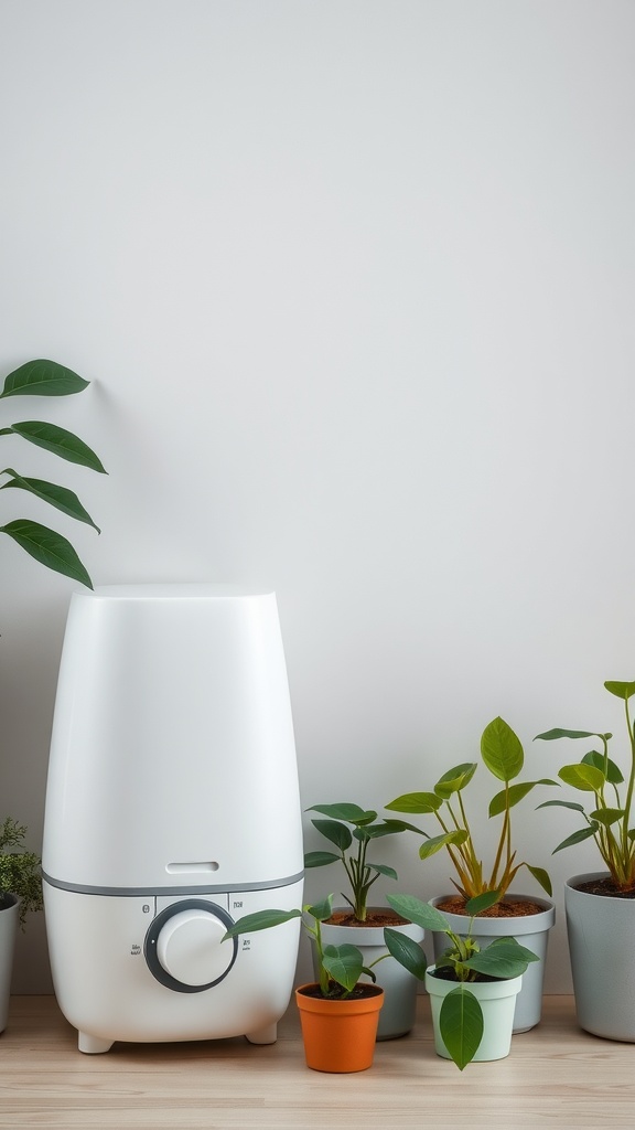 A modern humidifier next to several small house plants in different pots.
