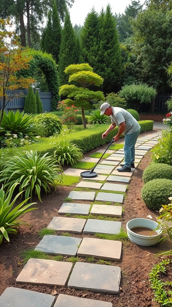 A person maintaining a garden path of DIY stepping stones surrounded by plants
