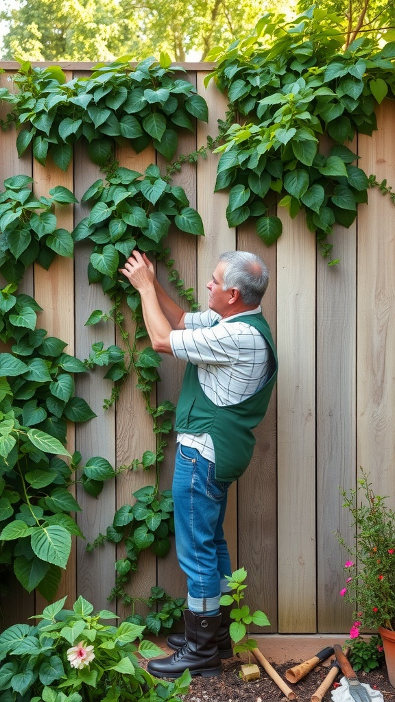 A gardener tending climbing plants on a wooden fence.