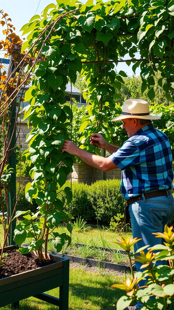 A person maintaining climbing plants on a trellis in a sunny garden