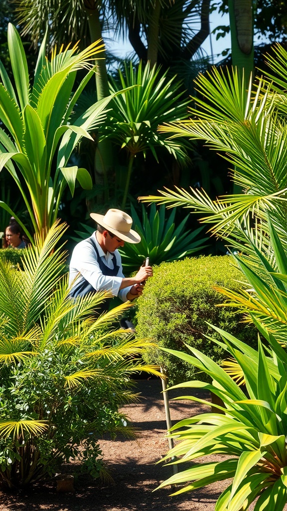 A gardener pruning a shrub in a lush tropical garden