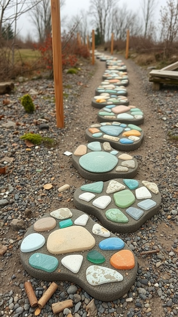 A path with colorful recycled stepping stones made of concrete and various stones, lined on both sides with a rough terrain.