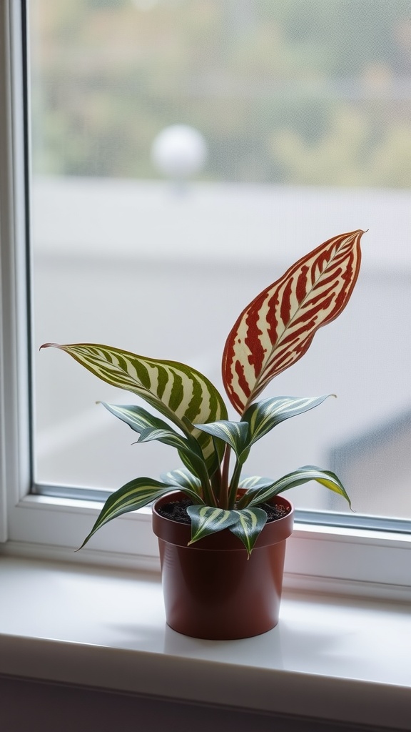 A vibrant Maranta Leuconeura plant with red and green patterned leaves on a windowsill.