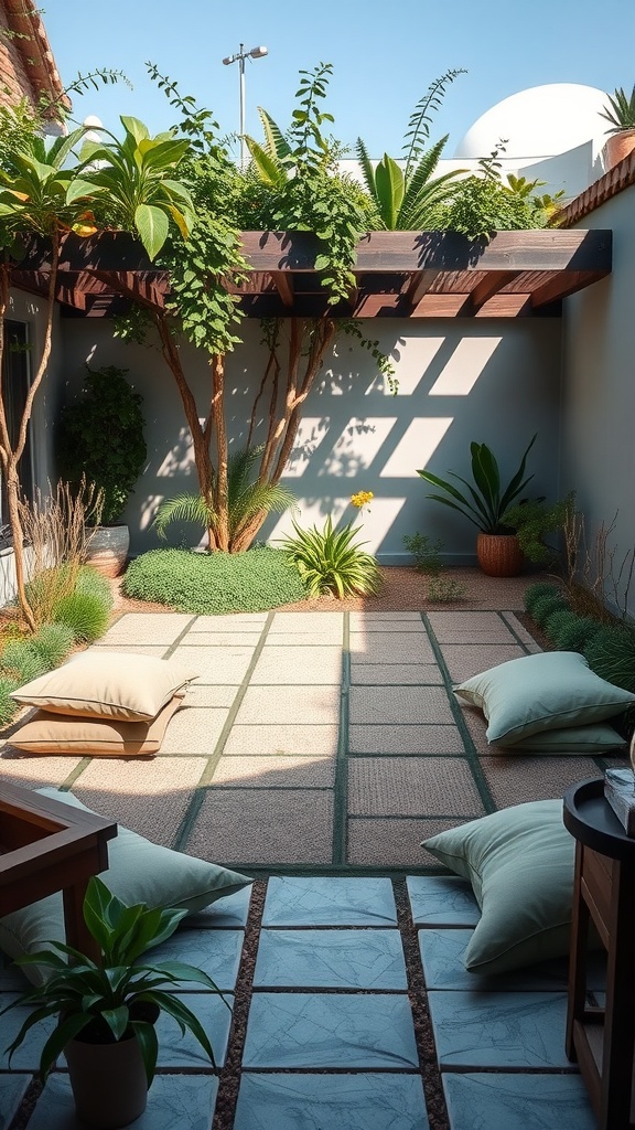 A serene garden patio area designed for meditation, featuring soft cushions, greenery, and a calming atmosphere.