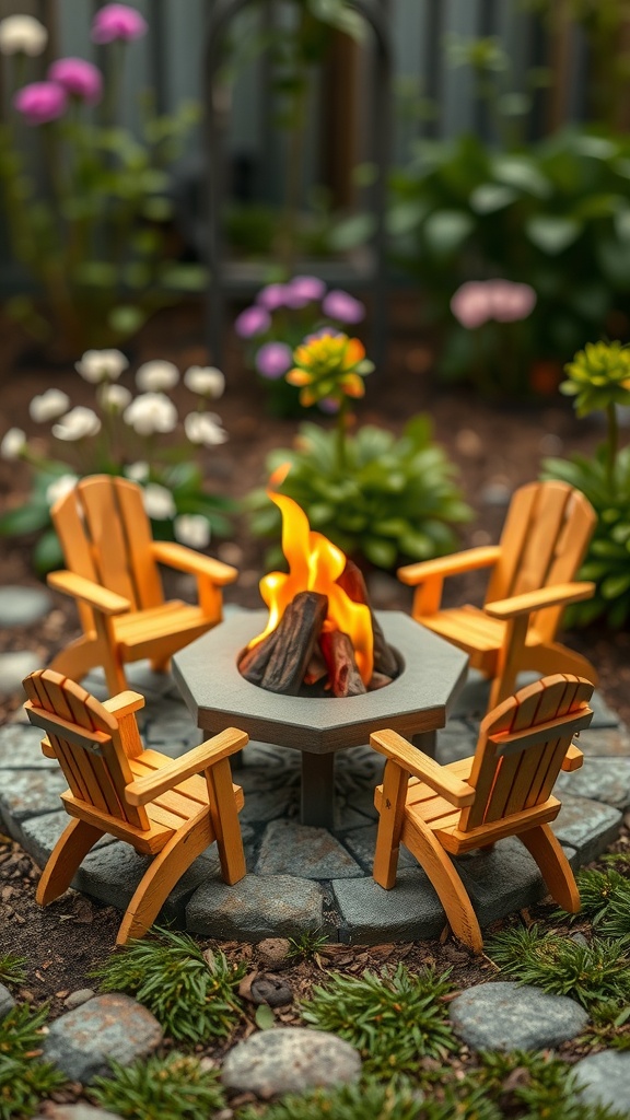 A miniature fire pit surrounded by wooden chairs in a garden with flowers.