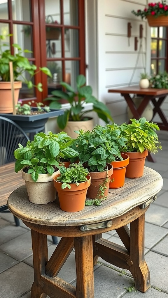 A small wooden table with various potted herbs on a patio