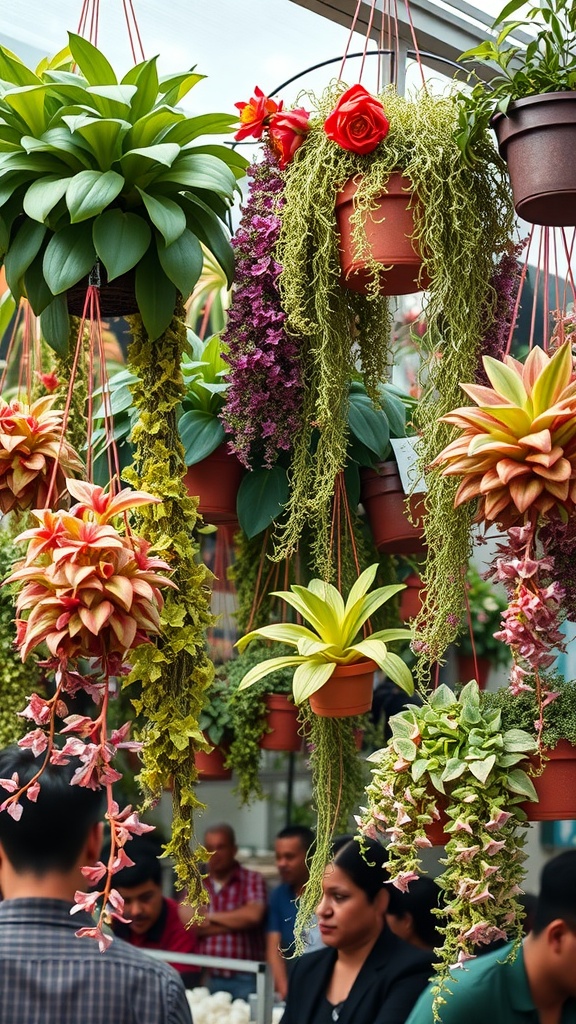 A colorful display of various hanging plants in pots, showcasing a mix of textures and colors.